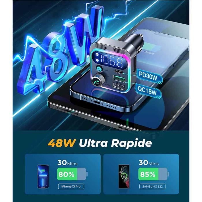 Transmetteur FM Bluetooth 5.3 Voiture | Charge Rapide PD30W/QC18W | Main Libre Et HiFi | Aux/TF Card | Noir