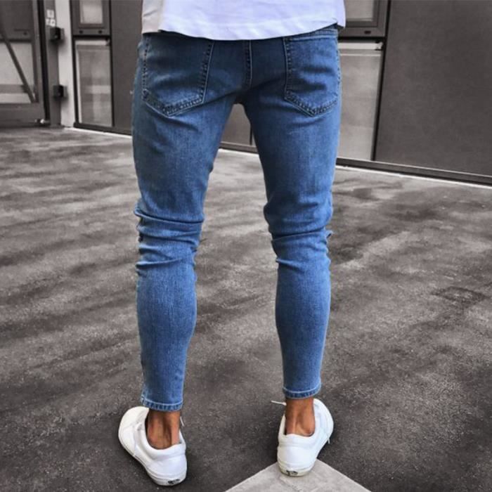 Pantalon homme en denim coupe cigarette dechire et troue LEOCLOTHO Taille basse Bleu clair