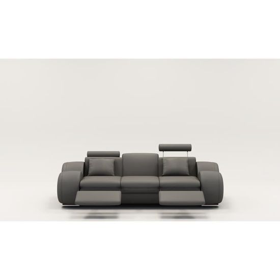 Canape Design 3 Places Cuir Gris Tetieres Relax Oslo Achat
