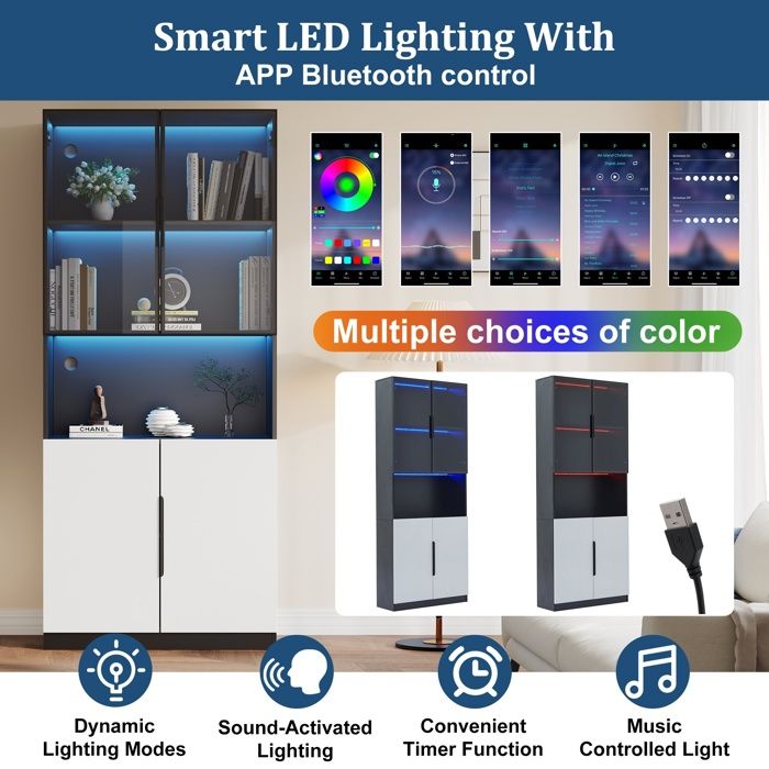 Vitrine armoire LED 80 x 30 x 200 cm Vitrine bois salon Meuble de ...