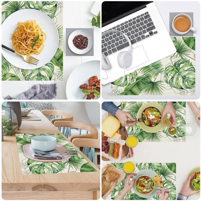 Lot De 6 Serviettes De Table Lavables Motif Feuilles De Palmier Vert - 50x50 Cm Polyester - Décoration Intérieur Extérieur Fête Anniversaire Restaurant - 6