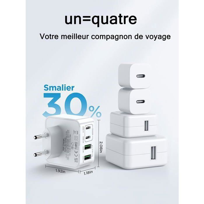 Chargeur Mural USB-C 4 Ports 40W - Charge Rapide PD+QC - Blanc - Neuf Sans Câble