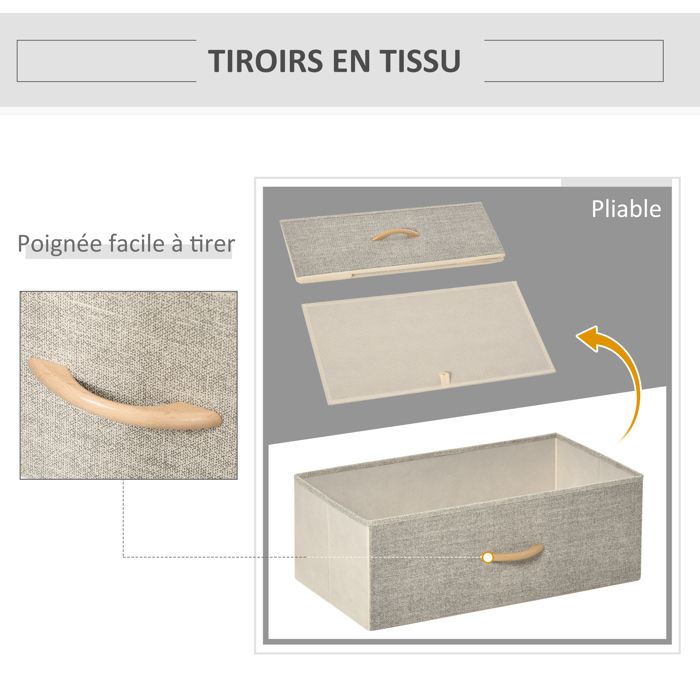 HOMCOM Commode 3 Tiroirs Tissu & Étagère – Meuble De Rangement Élégant Naturel Et Métal Blanc 58 X 29 X 81,5 Cm