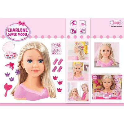 Bayer Tête à Coiffer Charlene Super Model – 27 Cm, Cheveux Blonds, Maquillage Et Accessoires Inclus
