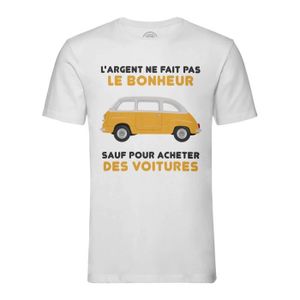 T-SHIRT T-shirt Homme Col Rond Blanc Voiture Rétro - L'argent ne Fait Pas le Bonheur Oldschool