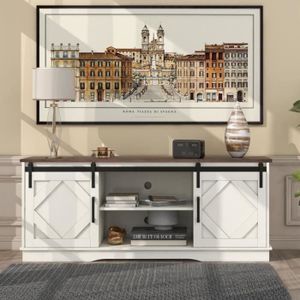 MEUBLE TV Meuble TV - Buffet bas avec 2 portes coulissants et 2 niches, Laqué blanc, Panneaux de particules, Style industriel, 150 x 40 x 60cm