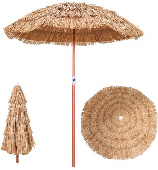 Parasol Hawaïen VEVOR 2m - Toit Chaume PP, Inclinable, 8 Baleines Métalliques - Pour Terrasse, Plage, Piscine