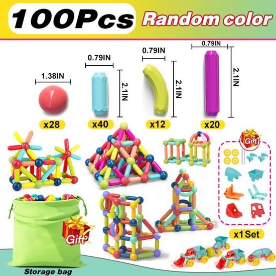 100 pi?�ces-D?�cennie s de construction magn?�tiques pour enfants, tiges magn?�tiques, ?�ducation de 