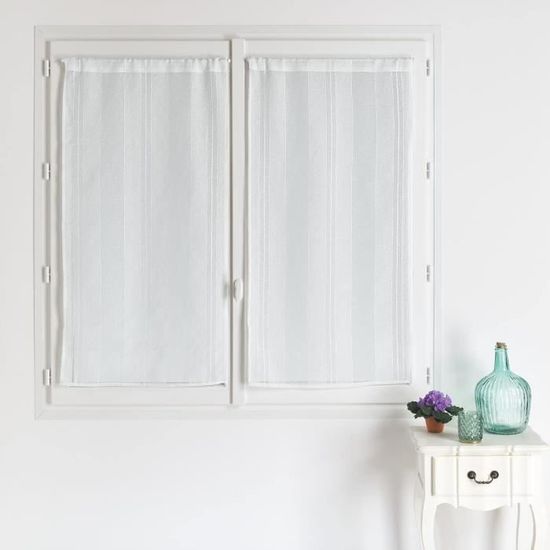Lot De 2 Voilages Tamisants Effet Lin Brodé - Blanc 60x120 Cm - Ourlet Passe Tringle Pour Fenêtre