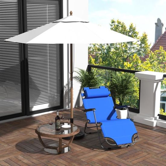 Outsunny Chaise Longue inclinable transat Bain de Soleil fauteuil relax jardin 2 en 1 Pliant têtière Amovible Bleu