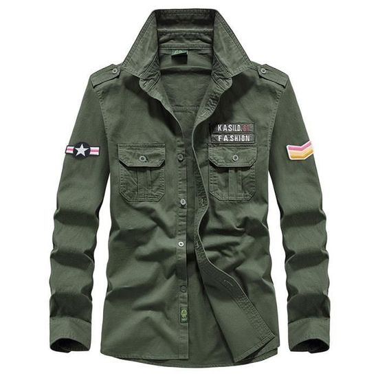 Chemise Militaire Homme en Coton Manches Longues Chemise Multi poches Couleur Unie Tissu Confortable Vert Vert Cdiscount Pret a Porter