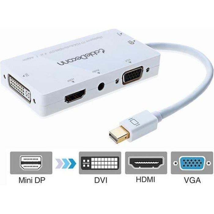 blanche - 15cm - Adaptateur Thunderbolt 2 vers HDMI VGA DVI, MINI DP Mini convertisseur 4 en 1, câble Audio m