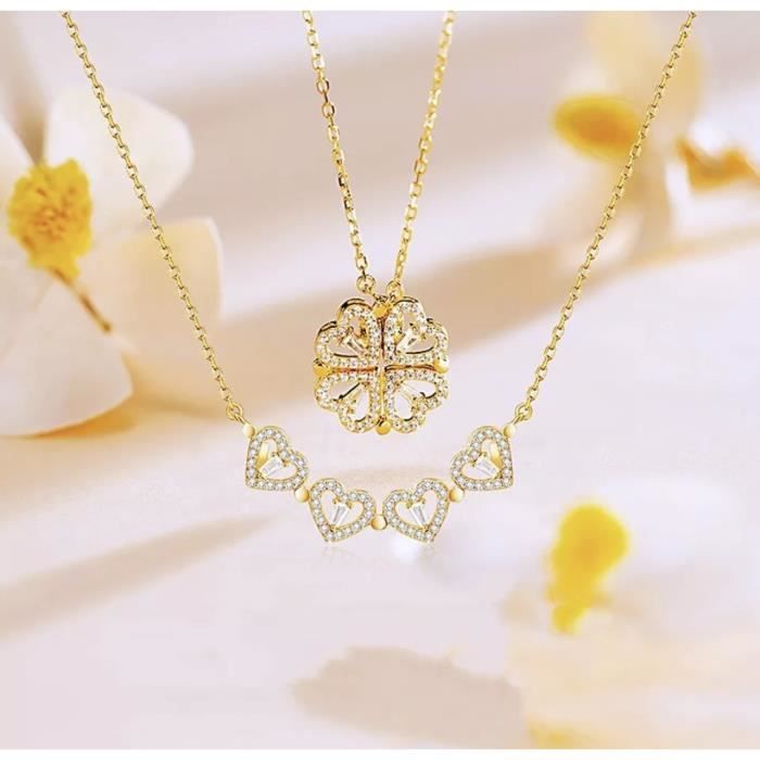 COLLIER TRÈFLE A QUATRE FEUILLES, COLLIER COEUR SUR CRISTAUX SWAROVSKI, COLLIER PORTE BONHEUR, COLLIER CHANCE