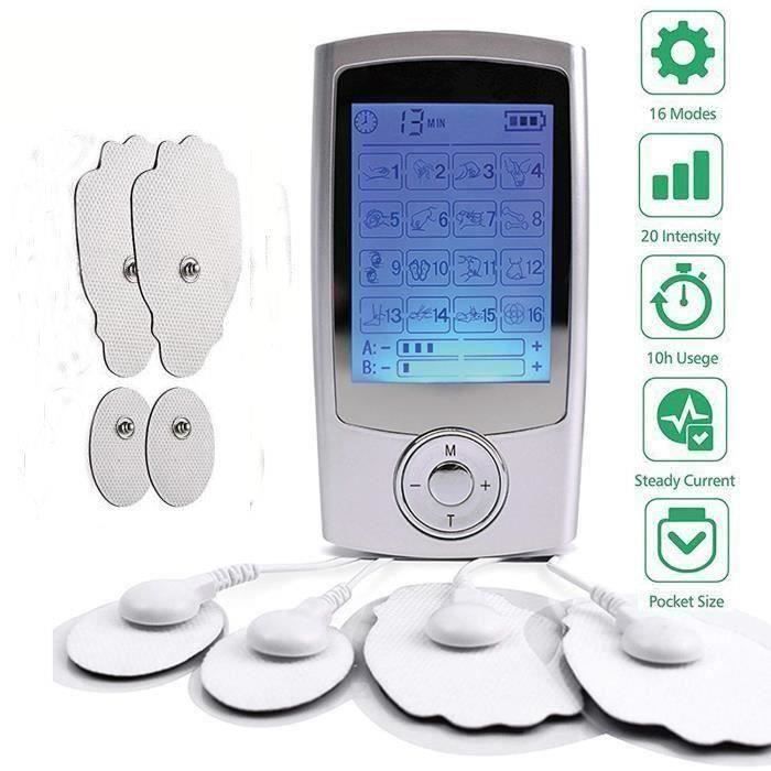 Électrostimulateur Tens Rechargeable Antidouleur Stimulateur Musculaire avec 16 Modes, 4 Électrodes pour Massage Tension Musculair