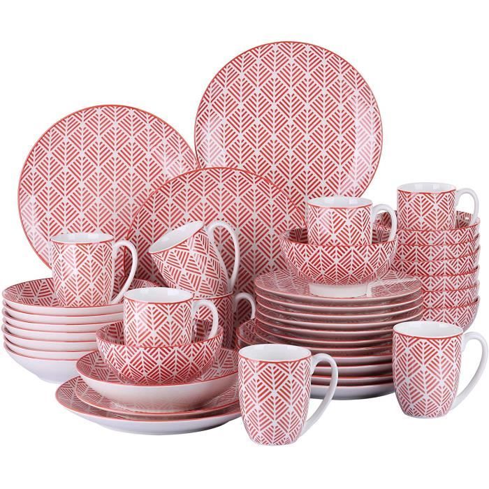 vancasso, série MOMOKO, Service de Table Complet en Porcelaine, Assiette Bols 40 pièces , Style Japonais ROUGE