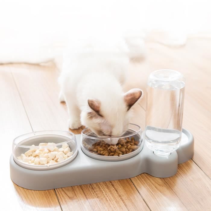 3 en 1 Gamelle pour Petit Chat et Chien Distributeur d'Eau Gamelle Double 360° Rotation Gris