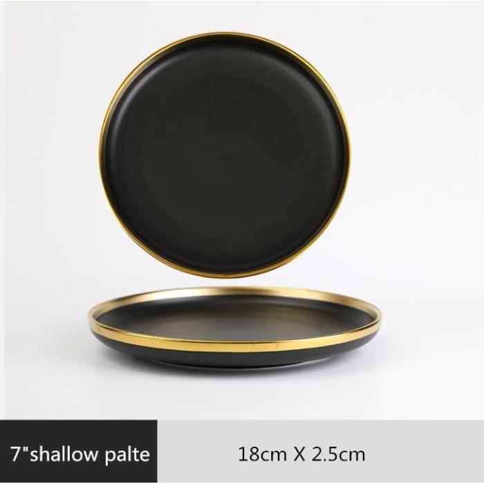 Assiette,Ensemble d'assiettes à dîner en porcelaine noire à bord doré,vaisselle en céramique - Type 7 inch Shallow plate
