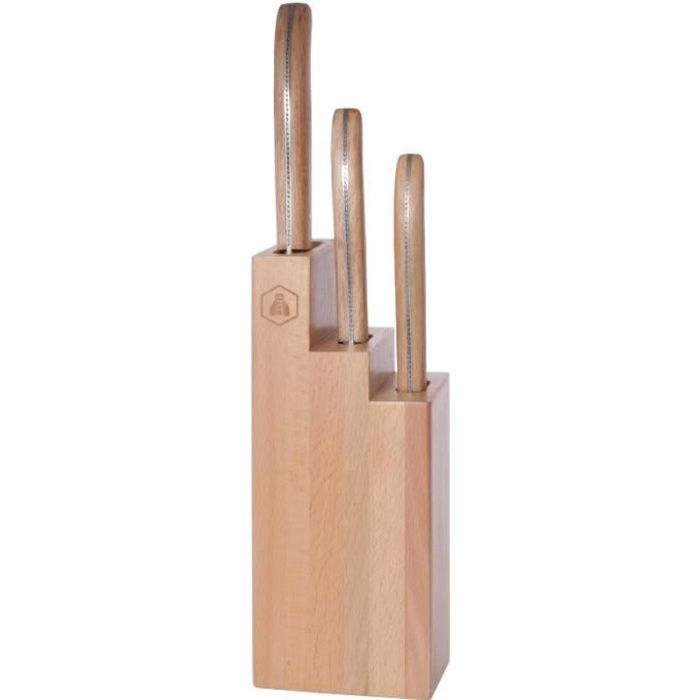 Laguiole L'Eclair Ensemble Couteau de Cuisine, 3 pc, Bloc Couteau, Bois de Hêtre