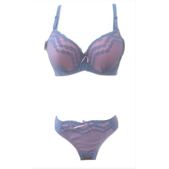 Ensemble lingerie femme soutien gorge et culotte 105C bleu lavande et rose