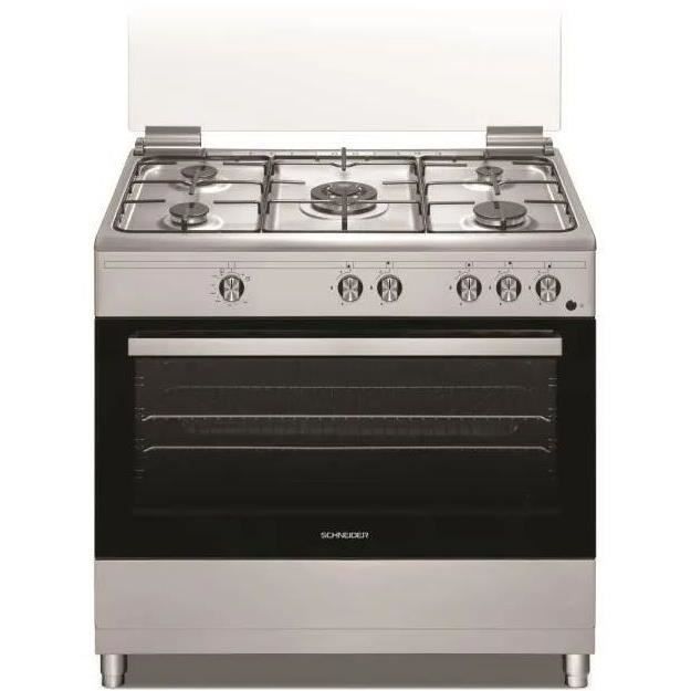 SCHNEIDER - SCCFG95X - Cuisinière gaz - 5 foyers gaz - Four gaz (96L) - Couvercle verre - 90 cm - Inox