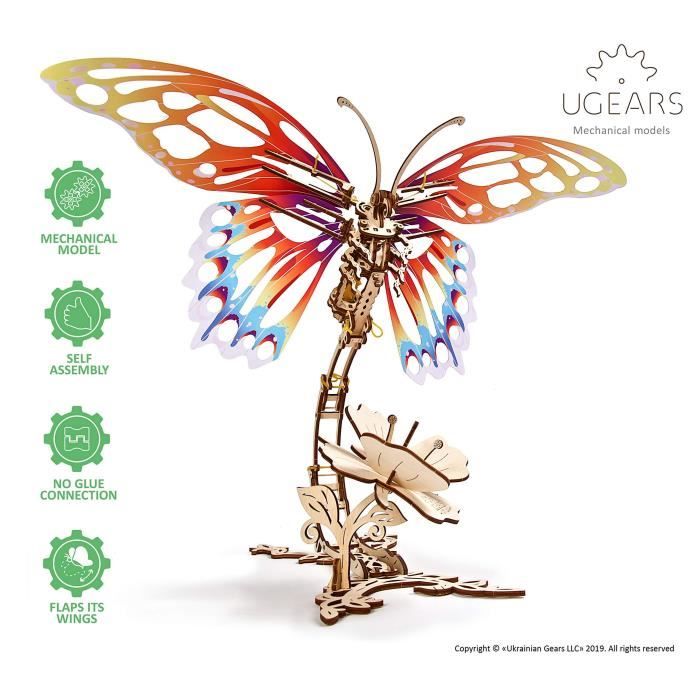 UGEARS Papillon Puzzle 3D Mécanique - Construction Mécanique en Bois - Assemblage Kit de Construction - Casse Tête Puzzle 3D Bois