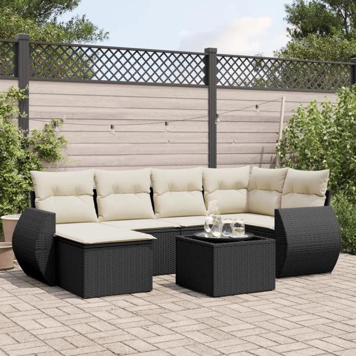 vidaXL Salon de jardin 7 pcs avec coussins noir résine tressée 3254003