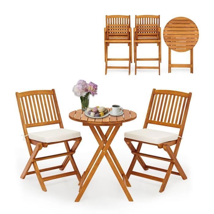 Goplus Ensemble Table de Jardin 3 Pièces Pliables avec 2 Chaises en Bois d’Acacia - Coussin Rembourré, pour Terrasse, Salon, Bistro