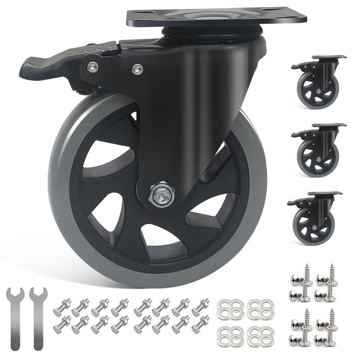 Lot De 4 Roulettes Pivotantes 10.2cm Avec Frein - Capacité 997kg, Polyuréthane, Pour Meubles Et Chariots