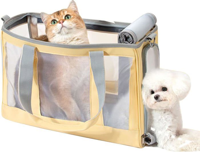 Meilleurs prix pour Sac de transport pour petits chiens et chats, sac fourre-tout en maille respirante à côtés souples pour petits animaux (jaune)