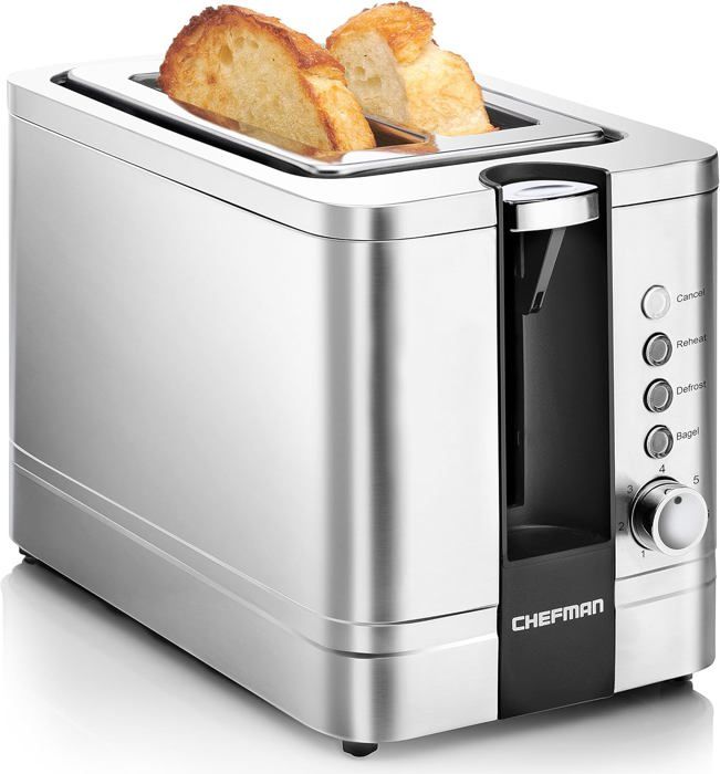 Chefman Grille-pain en acier inoxydable avec 7 réglages de bronzage, fentes extra larges pour bagels, fonctions de décongélation/réchauffement/arrêt, tiroir à miettes amovible, 925 W, 240 V, argent