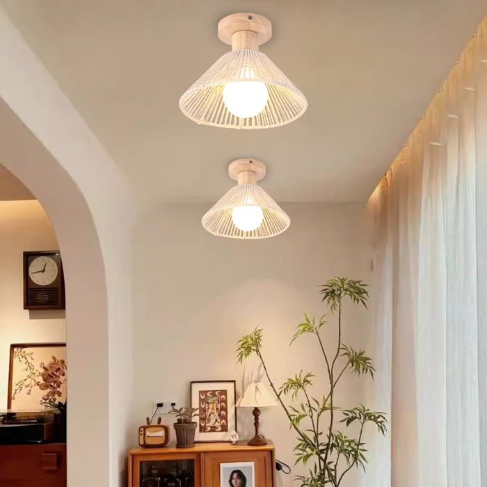 SNOGOLD 2X Plafonnier Vintage E27 Luminaire Ø26cm Abat-jour en Corde de Papier Beige Rétro Lampe de Plafond pour Couloir Salon