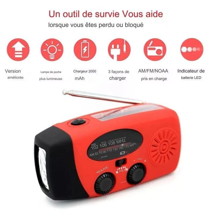 Radio à Pile Solaire AM/FM Avec Lampe Torche LED Et Chargeur Téléphone - Idéal Camping Et Survie