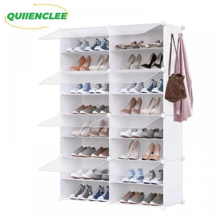 Meuble à chaussures 83*32*125.5cm deux rangées de 8 étages capacité de charge dun étage 5kg plastique pp blanc QUIIENCLEE