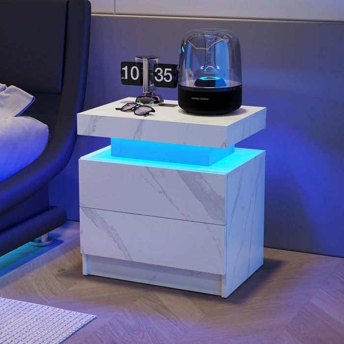 chevet Table de chevet moderne LED 2 tiroirs en blanche - Design épuré avec éclairage intégré - Meuble nuit fonctionnel chevet Table de chevet moderne LED 2 tiroirs en blanche - Design épuré avec éclairage intégré - Meuble nuit fonctionnel