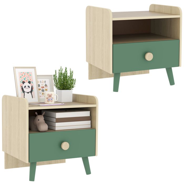 Lot de 2 tables de chevet enfant - AIYAPLAY - tiroir et niche - pour chambre denfant - MDF et pin - 40x325x40cm - vert