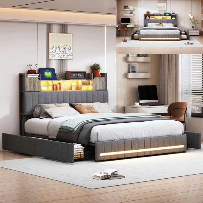 Lit adulte 140x200 cm - ADWOLT - LED - USB - Tissu en Lin - 4 tiroirs de rangement - Gris