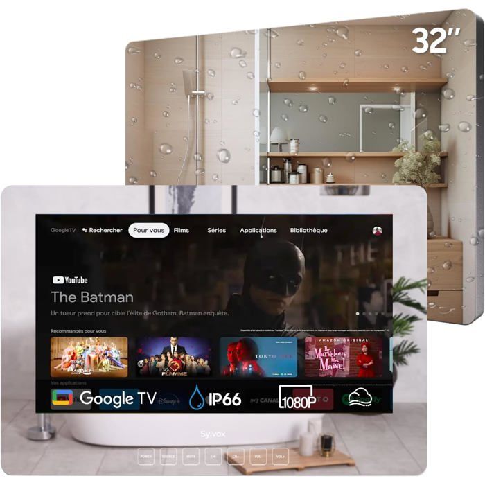 Téléviseur miroir SYLVOX 32 IP66 étanche 1080p Full HD Google TV 500 NITS