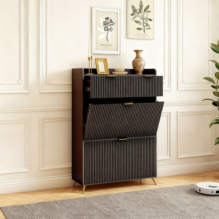 Meuble à chaussures - POCKETPOP - 2 portes abattantes - 2 tiroirs - Noir
