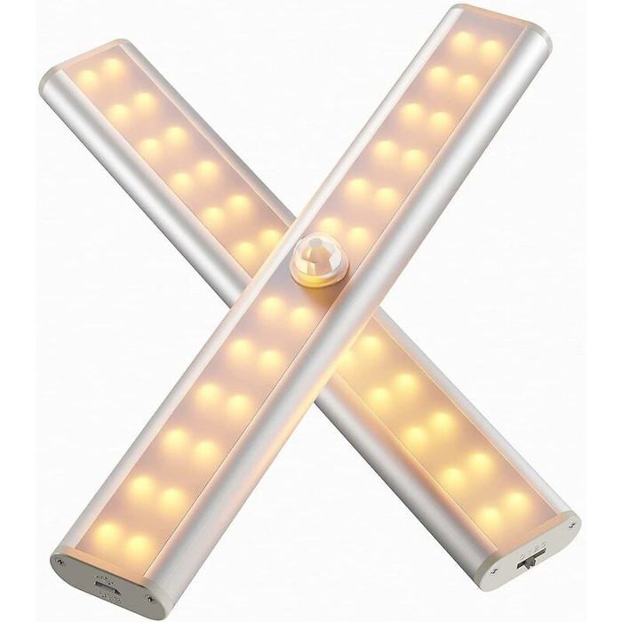 Lampe LED détecteur de mouvement - PZCC - 2 Pièces - 3000K Blanc chaud - 1000mAh USB - Aimant arrière & bande 3M