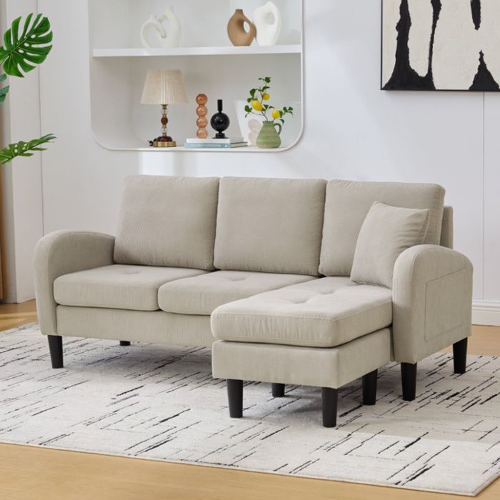 Canapé dangle L 3 places - HIBA - 2 modules (2p + chaise longue) - Velours côtelé - Beige - 166×118×77 cm