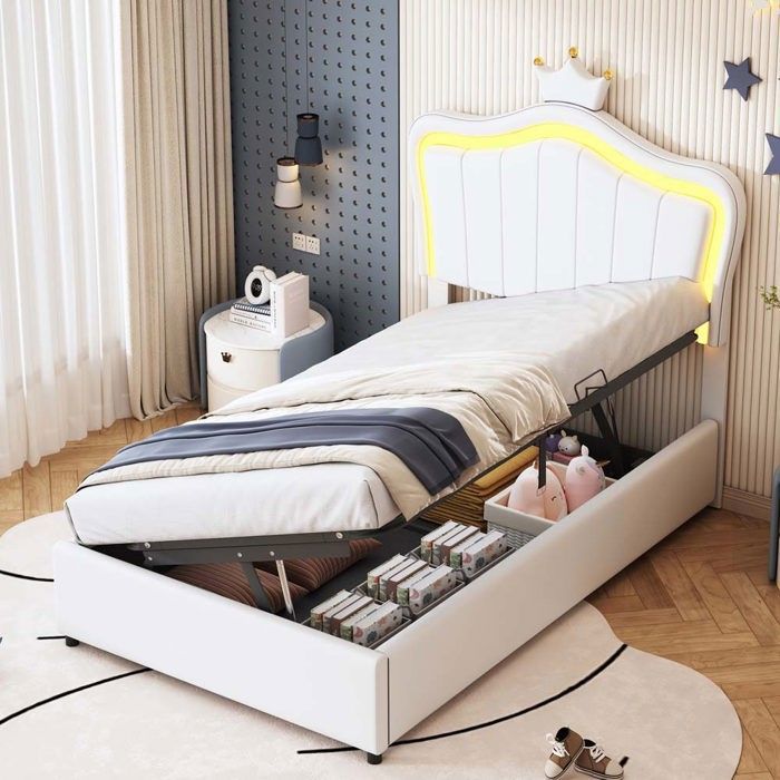 Lit coffre enfant - Tête de lit coquillage avec couronne - 90 x 200 cm - LED intégrée 16 couleurs - Sommier à lattes
