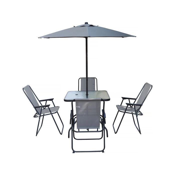 Table et chaises de jardin avec parasol en métal Convivia - 4 places - Gris clair