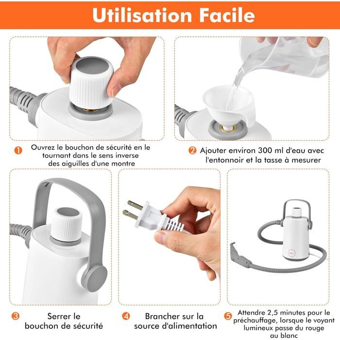 GIANTEX Nettoyeur Vapeur à Main 1000W avec 3 Bars de Pression Machine de Nettoyage à Vapeur avec Réservoir dEau 300 ml Gris+Bla - Giantex