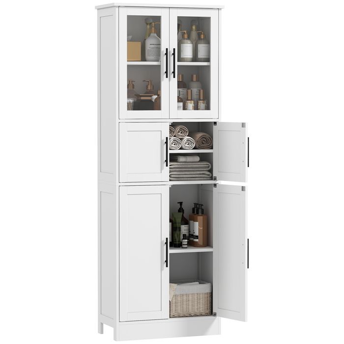 Armoire Salle De Bain 4 Portes + 2 Vitr&eacute;es 3 &Eacute;tag&egrave;res Blanc