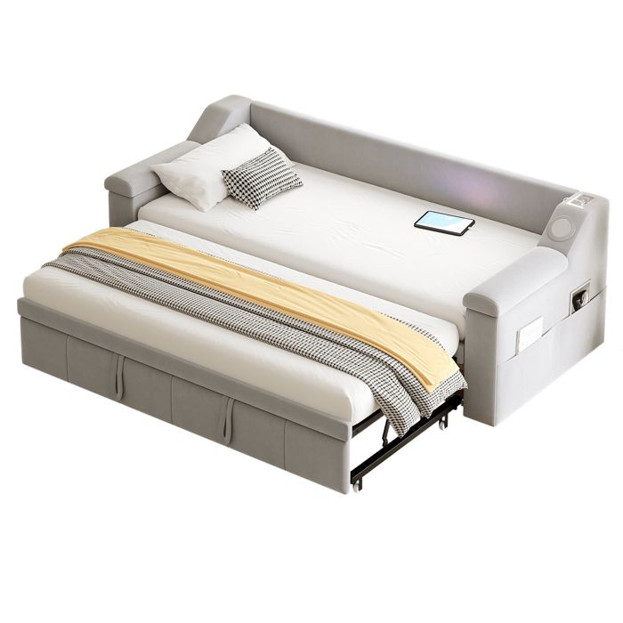 Lit Gigogne 90/180x190 cm Velours Gris Clair Lit avec Port USB Accoudoirs Larges et Rangement Intégré - Système Audio Bluetooth