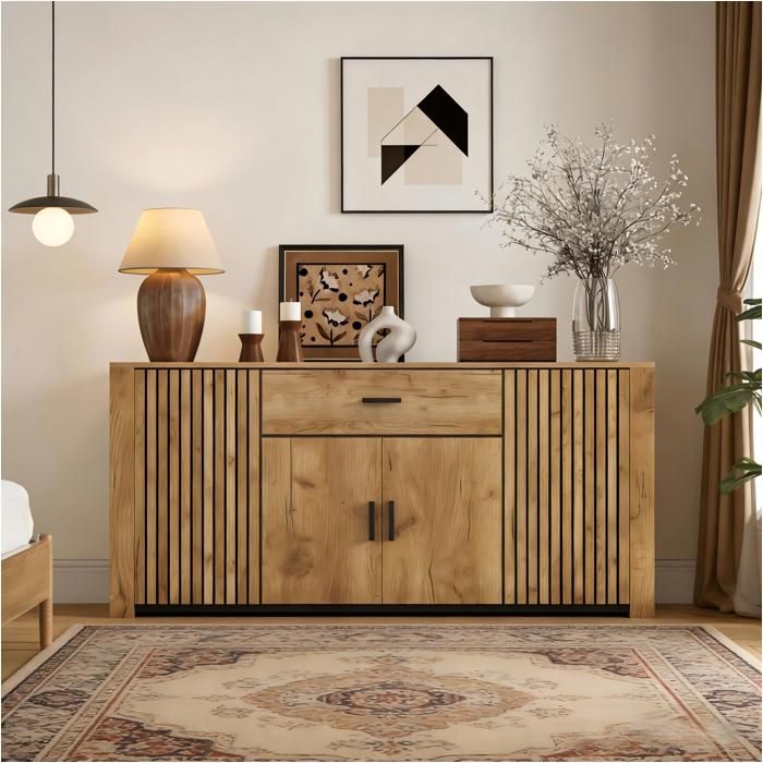 Buffet Bas Bois Naturel avec 4 Portes et 1 Tiroir Bahut Moderne avec Étagères Réglables Meuble de Rangement Salon 160 x 40 x 75 cm