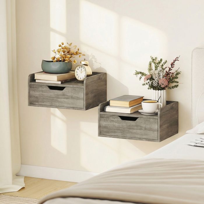 Lot de 2 tables de chevet murales tables de nuit avec tiroir et plateau à rebords surélevés 40x30x195cm gris