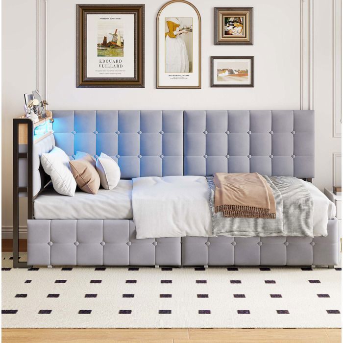 Canapé-lit 90x200 cm Gris Foncé avec LED USB et Type-C Lit Banquette en Velours avec 2 Tiroirs de Rangement Sommier à Lattes
