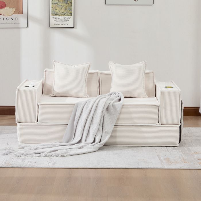 Canapé modulable 2 places beige L 162 x P 78 x H 66 cm poches latérales 2 coussins