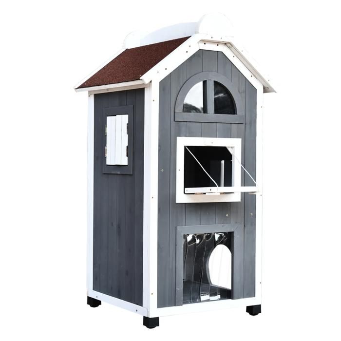 Niche chat panier/litière meuble polyvalent bois sapin toit bitume gris 59x55x109cm.